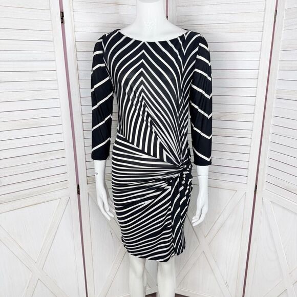 Rinascimento Abstract Stripes Knotted Waist Sheath Dress Black White Small - Picture 1 of 12